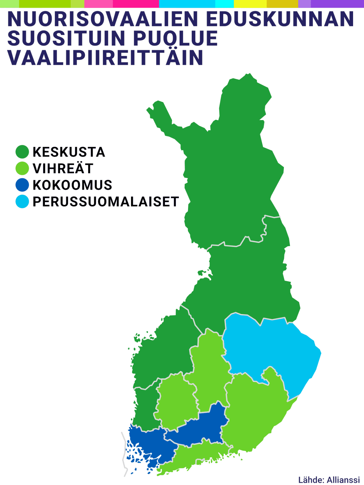 Kartta Nuorisovaalien suosituimmasta puolueesta vaalipiireittäin.