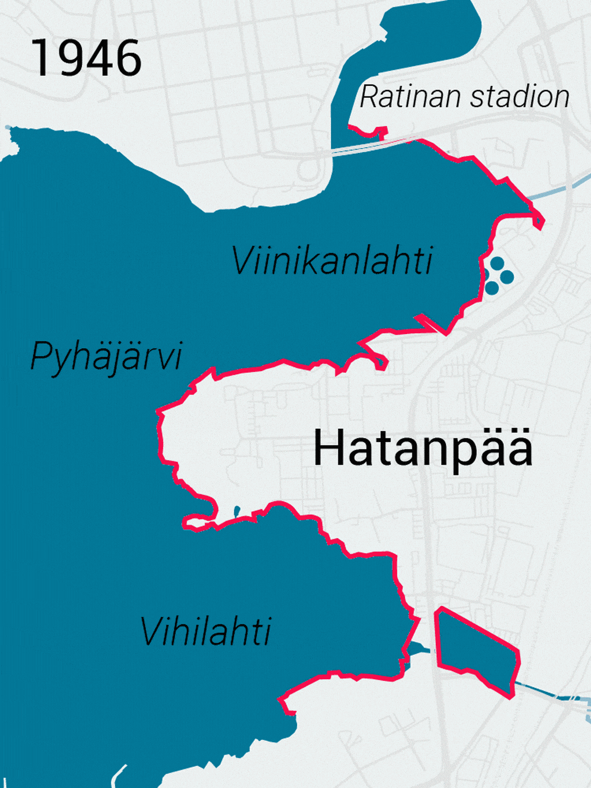 Animaatio Viinikanlahden rantaviivan muutoksista 1946-2020