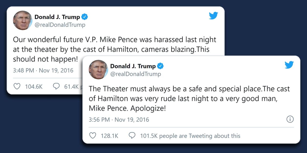 Kuvakaappaukset Twitteristä vuodelta 2016. Donald Trump paheksuu Hamilton-näyttelijöiden vetoomusta Mike Pencelle.