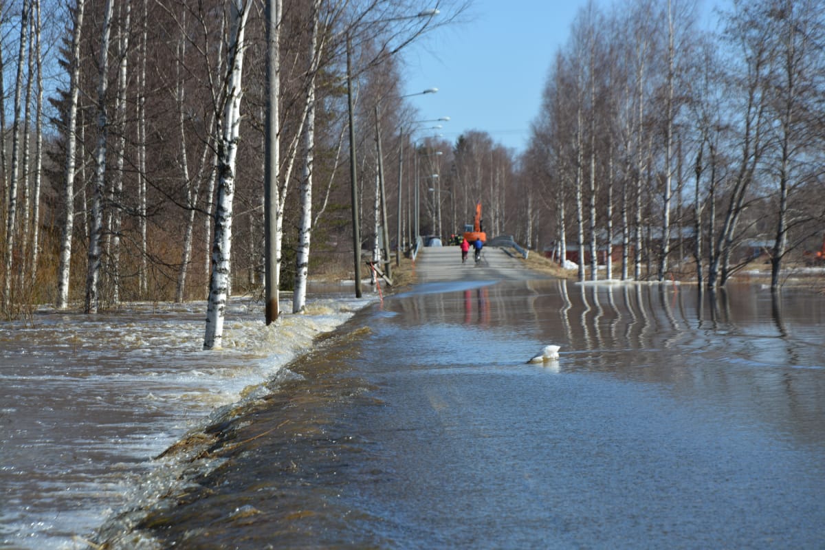 Kyrönjoki on noussut tielle Mustasaaressa Pohjanmaalla.