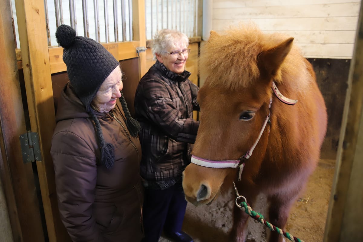 Mummot hevosen luona tallissa.
