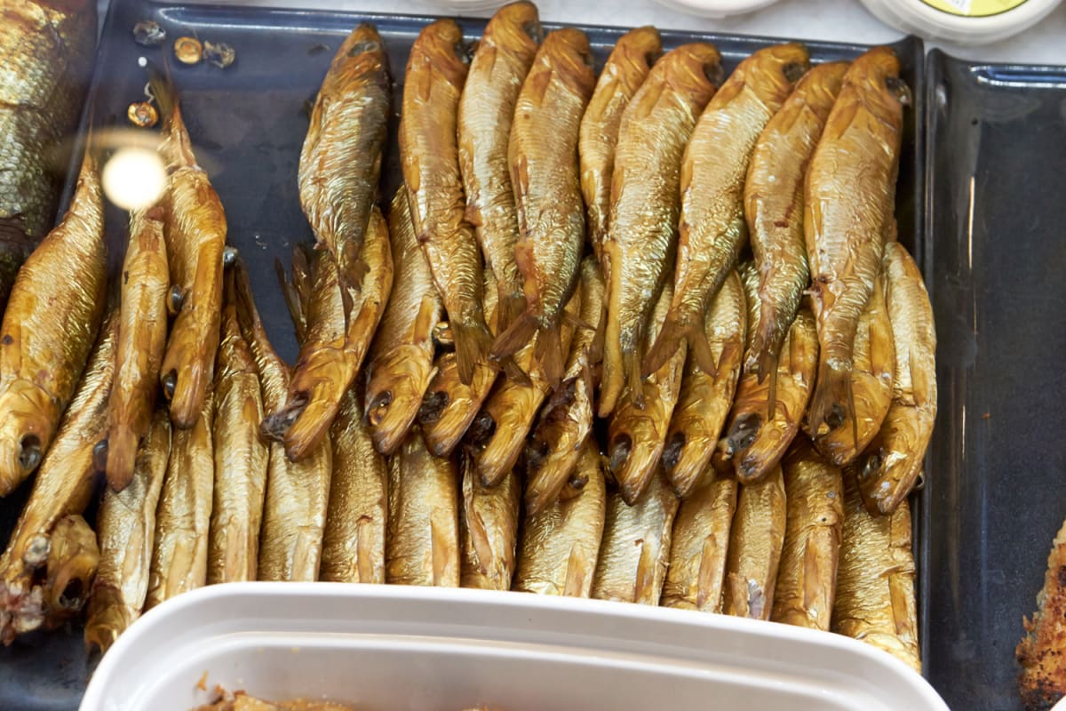 Smoked Baltic herring on sale.