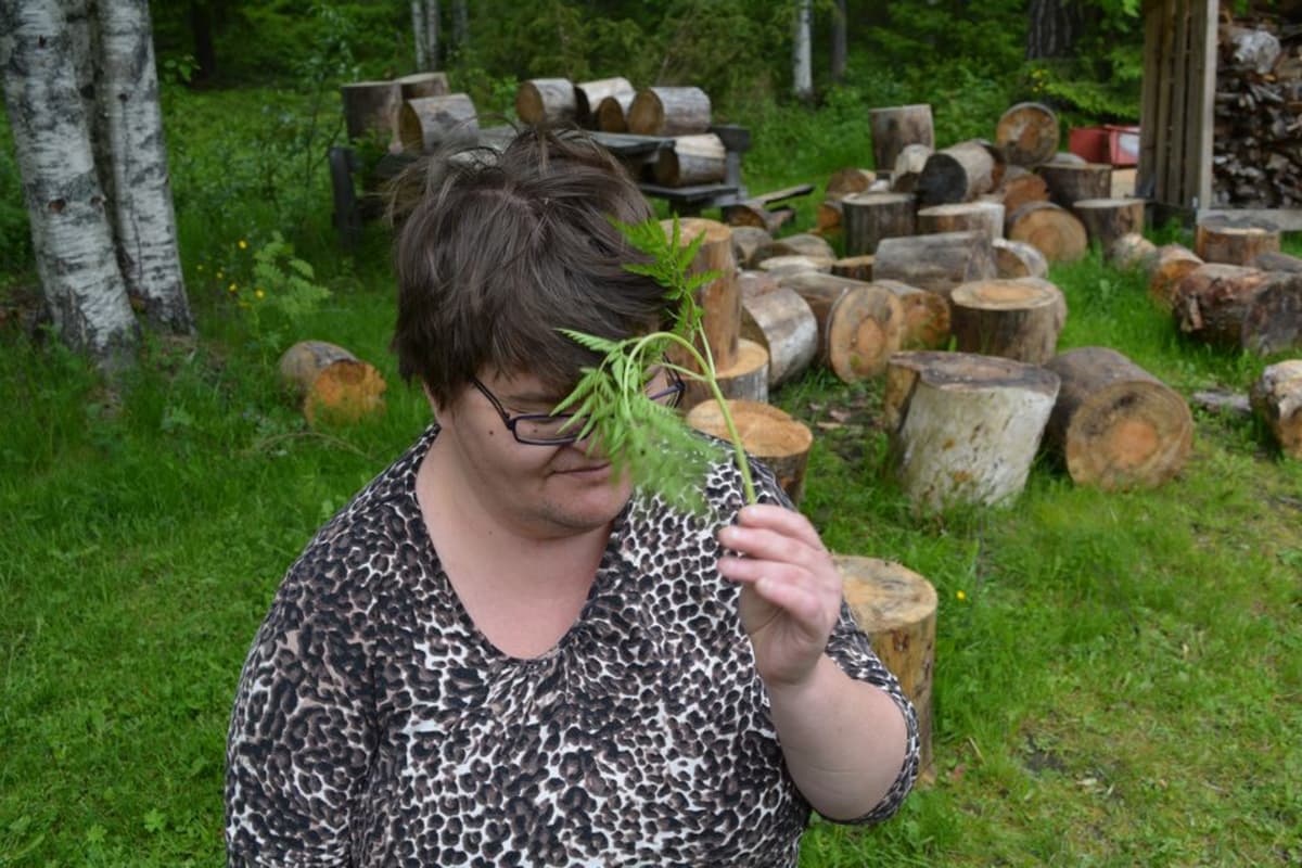 Miia Korhonen istuu laitoskotinsa takapihalla puupölkyllä ja huitoo hyttysiä lehdellä.