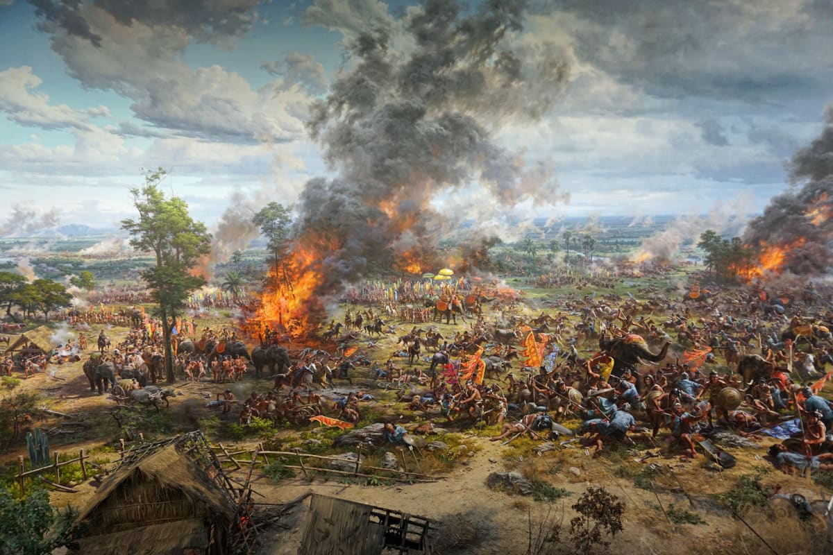 Yksityiskohta museon pääteoksesta, suuresta panoramamaalauksesta. Angkorin temppelialueen historiaa kuvaavaa teosta maalasi 63 Mansudaen taiteilijaa yli vuoden ajan.