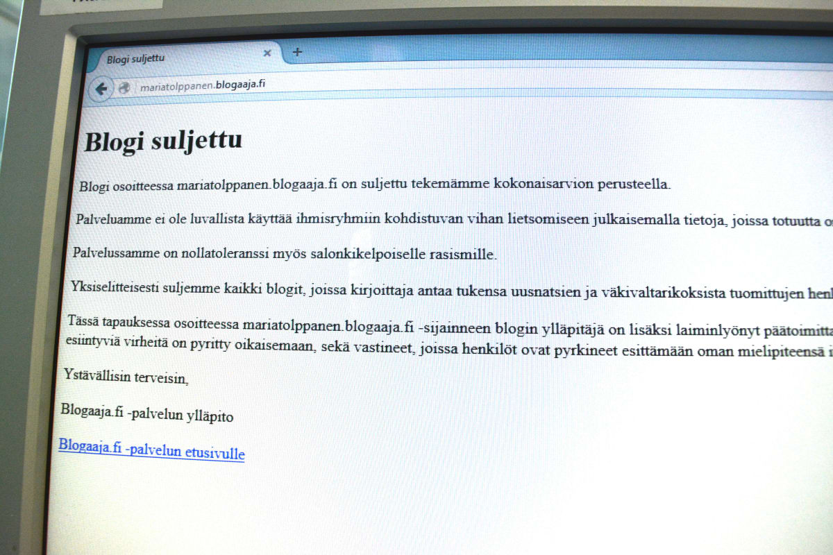 Kansanedustaja Maria Tolppasen blogi on suljettu palveluntarjoajan toimesta.