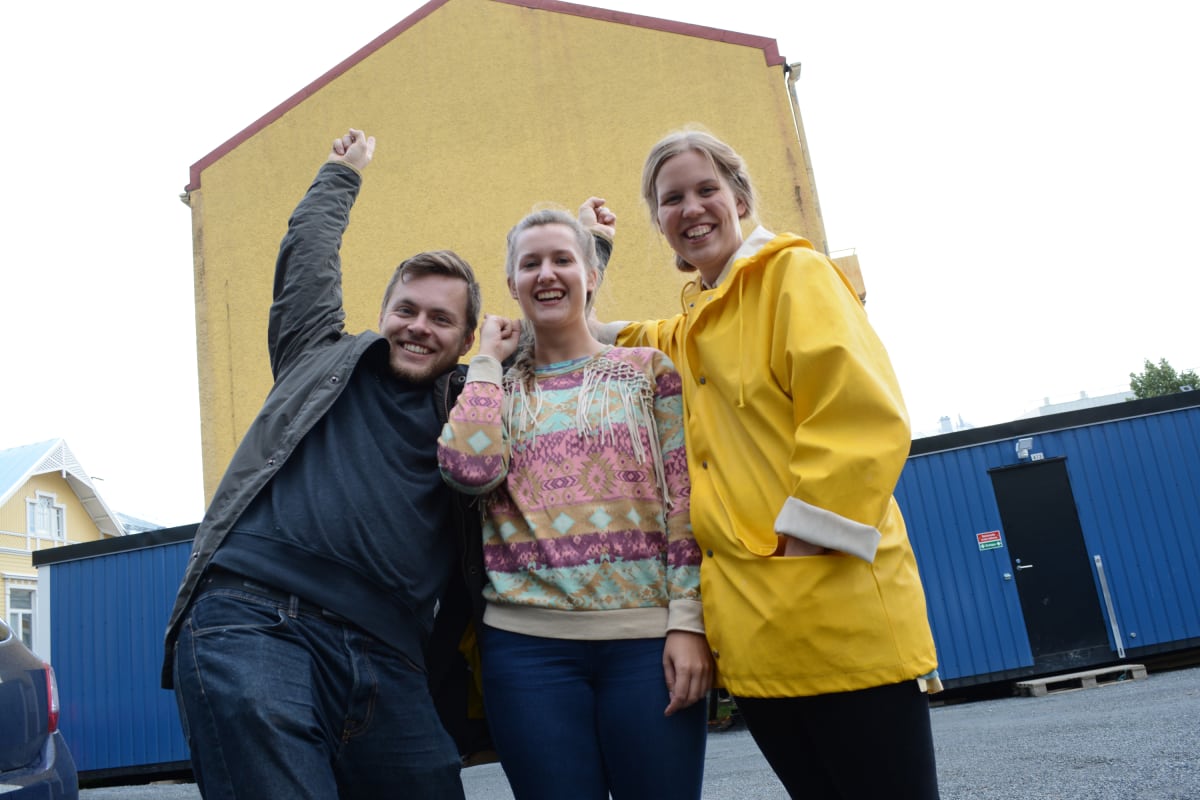 Street Art Vantaan Jesse Pasanen, Jenni Väisänen ja Essi Ruuskanen Torikadun kerrostalon edessä.