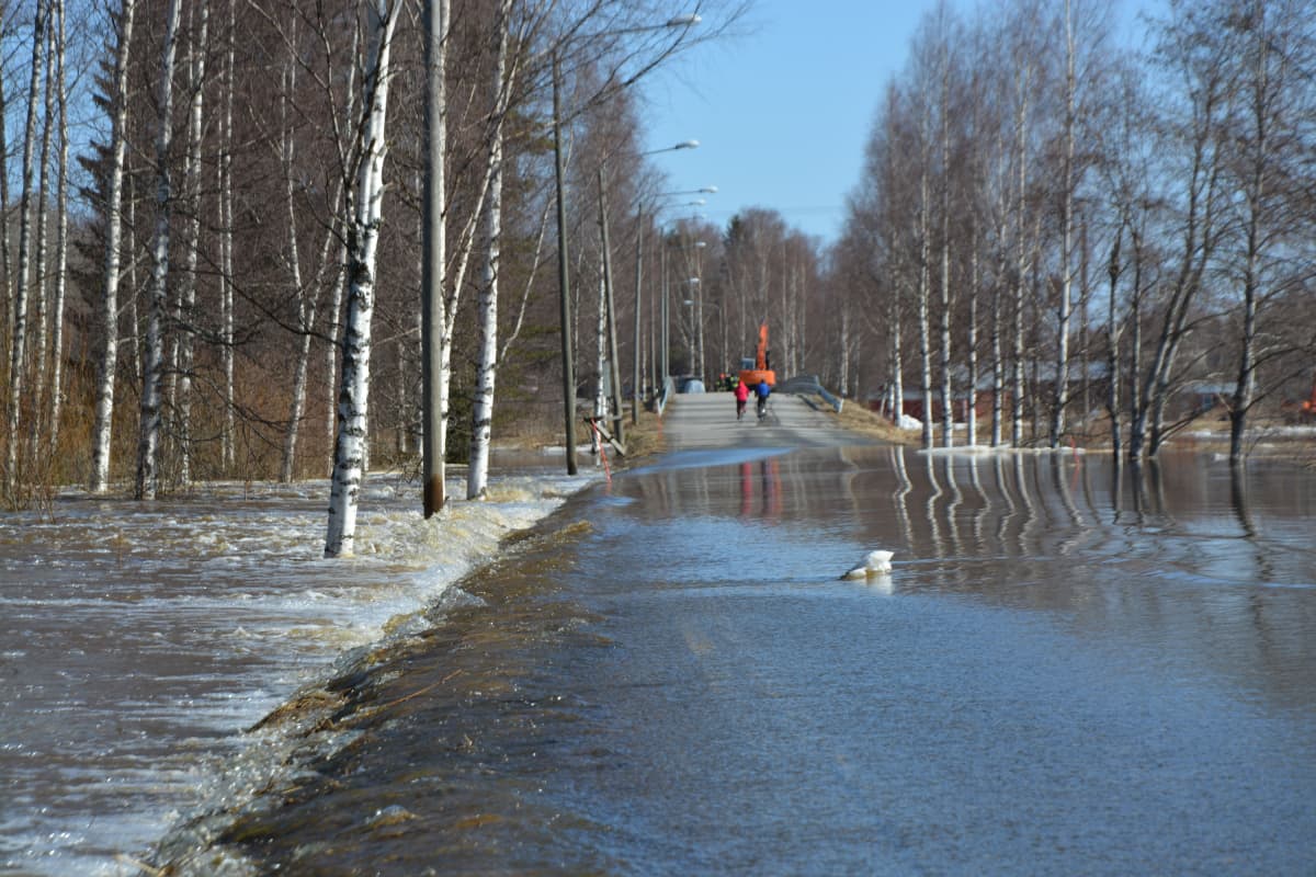 Kyrönjoki on noussut tielle Mustasaaressa Pohjanmaalla.