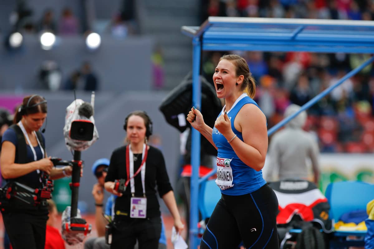 Sanna Kämäräinen yli 60 metriä ensimmäisen kerran Zürichin EM-kisoissa 2014.