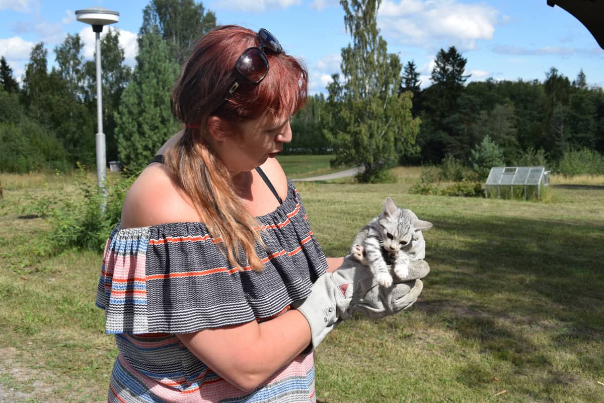 Nainen kissan kanssa.
