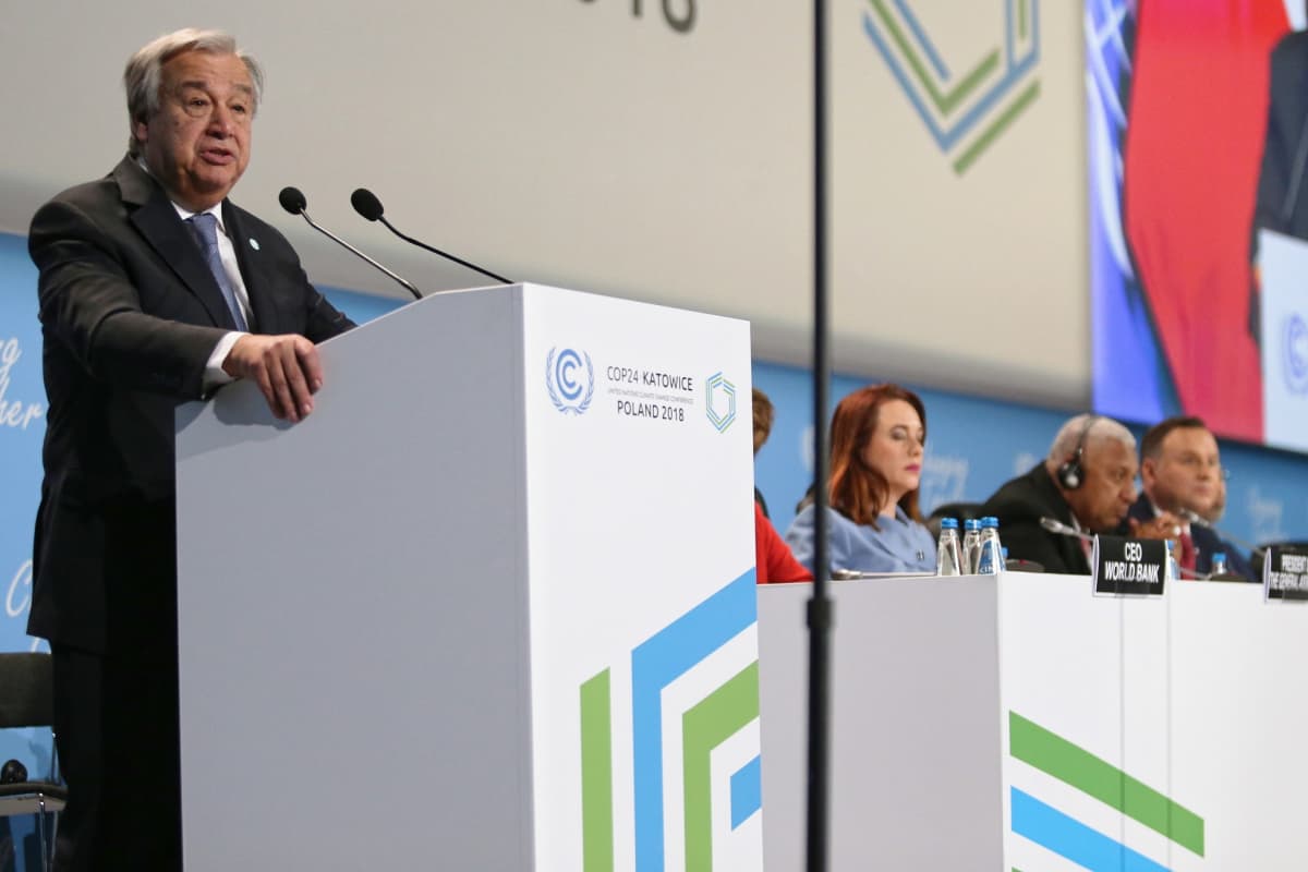 YK:n pääsihteeri Antonio Guterres piti avajaispuheen ilmastokokouksessa Puolan Katowicessa.