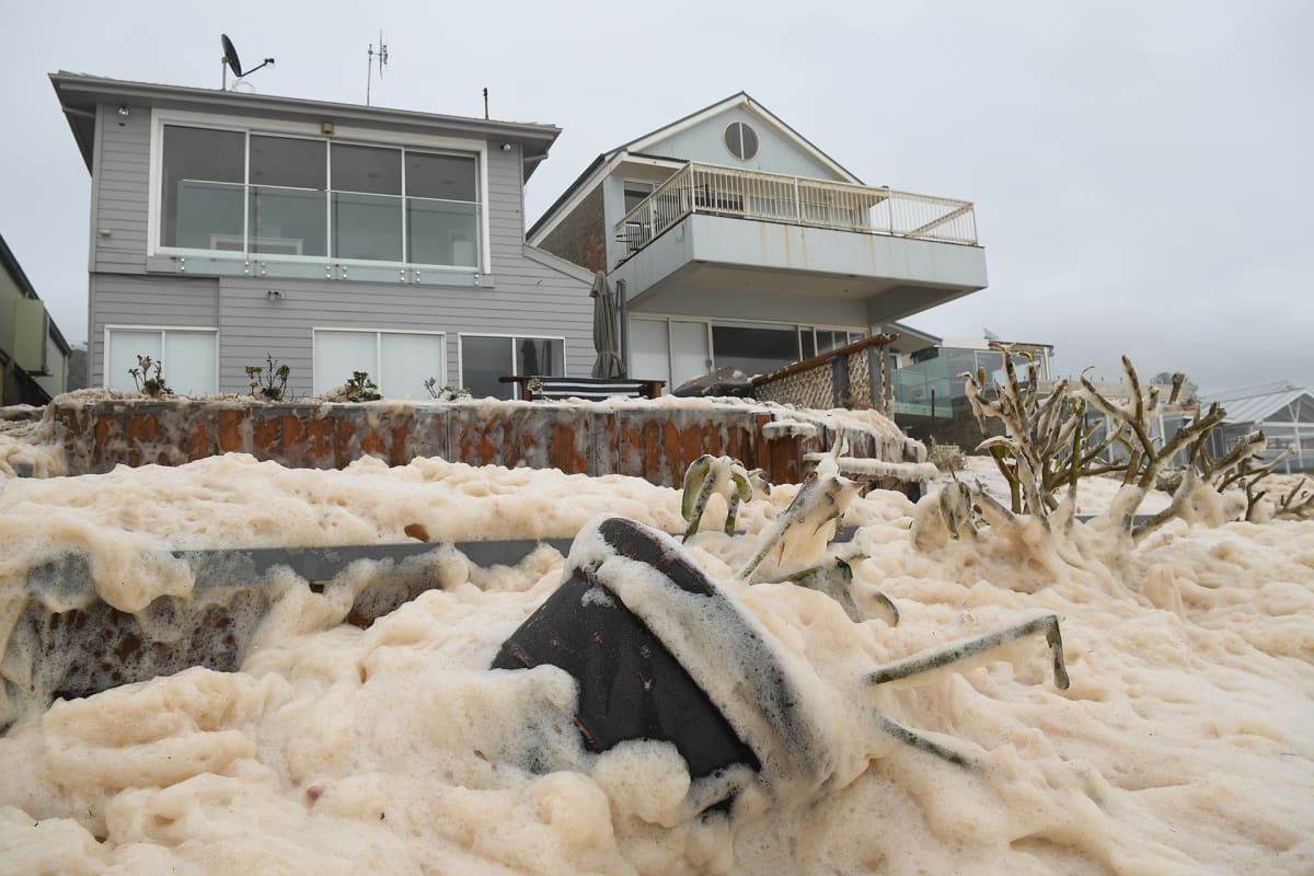 Sea foam brought by waves after heavy rain and storms at Collaroy in Sydney, Australia, 10 February 2020. Waterlogged parts of New South Wales are suffering their worst floods in years with heavy rains and damaging winds forecast to lash the state again today.