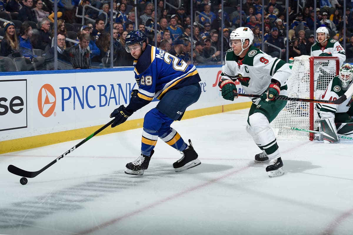 Mikko Koivu #9 of the Minnesota Wild pressures Mackenzie MacEachern #28 of the St. Louis Blues