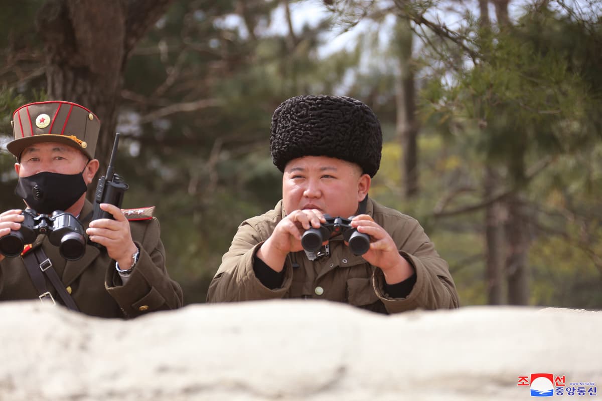 Maaliskuussa KCNA julkaisi kuvan Kim Jong-unista seuraamassa tykistön harjoituksia.