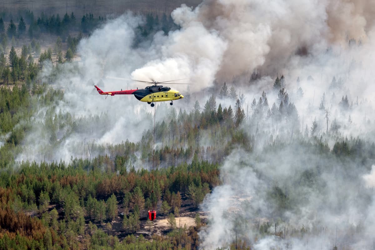 Maastopaloa sammutetaan helikopterista käsin Siperiassa.