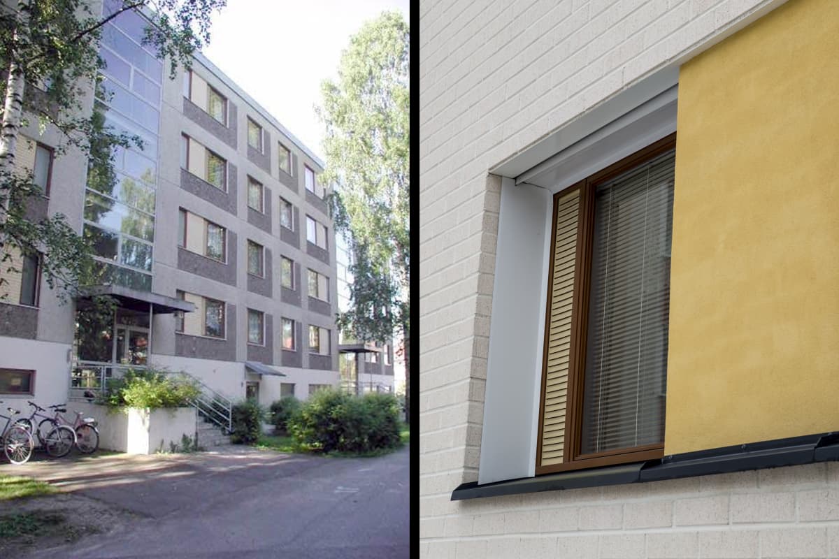 Vanhan ja peruskorjatun kerrostalon seinä ja ikkunoita.