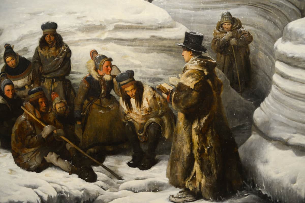 Lars Levi Laestadius saarnaamassa "alkuasukkaille" jossakin päin Lappia.