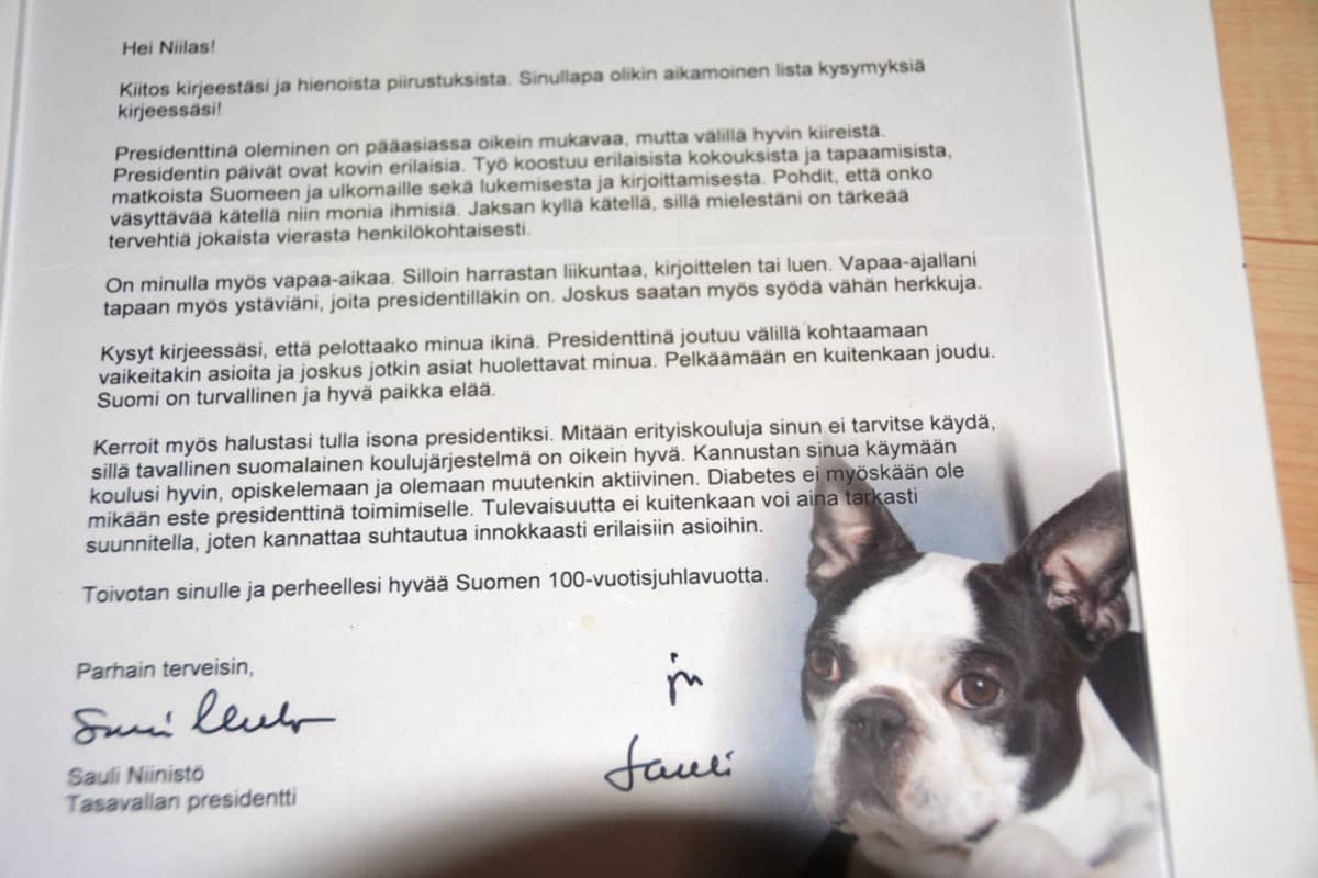 Niilaksen presidentinkansliasta saama vastauskirje.