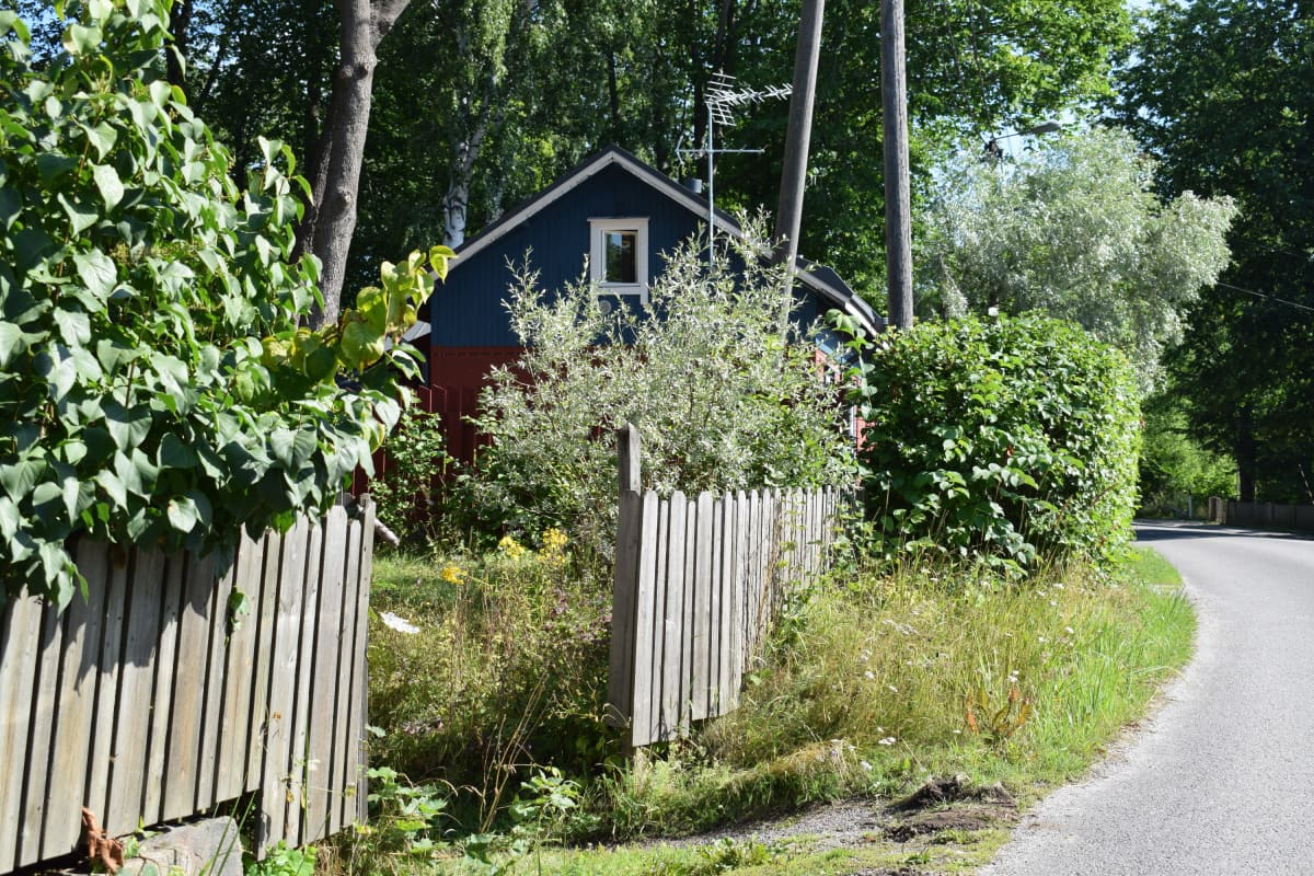 sinipunainen talo ja aitaa