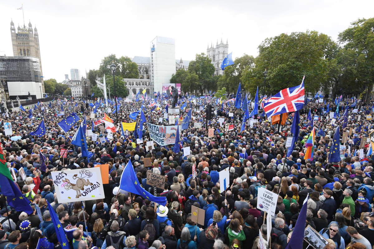 Valtava ihmisjoukko. Britannian lippu ja lukuisia EU-lippuja.