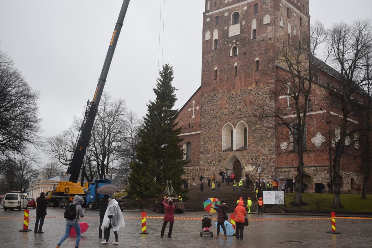 Joulukuusi komeana kirkon edessä.