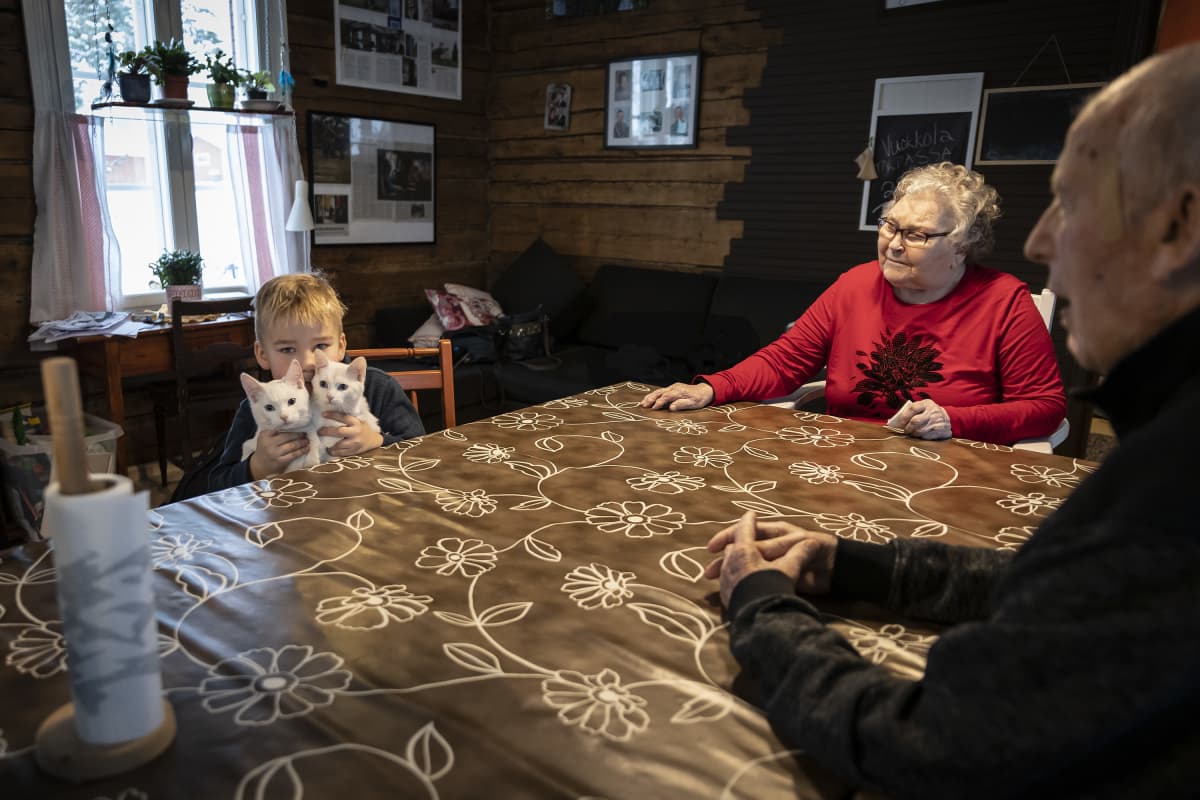 Vasemmalla lapsi pitelee kahta valkoista kissaa sylissään ja istuu pöydän ääressä. Oikealla kaksi vanhusta saman pöydän ääressä istumassa.