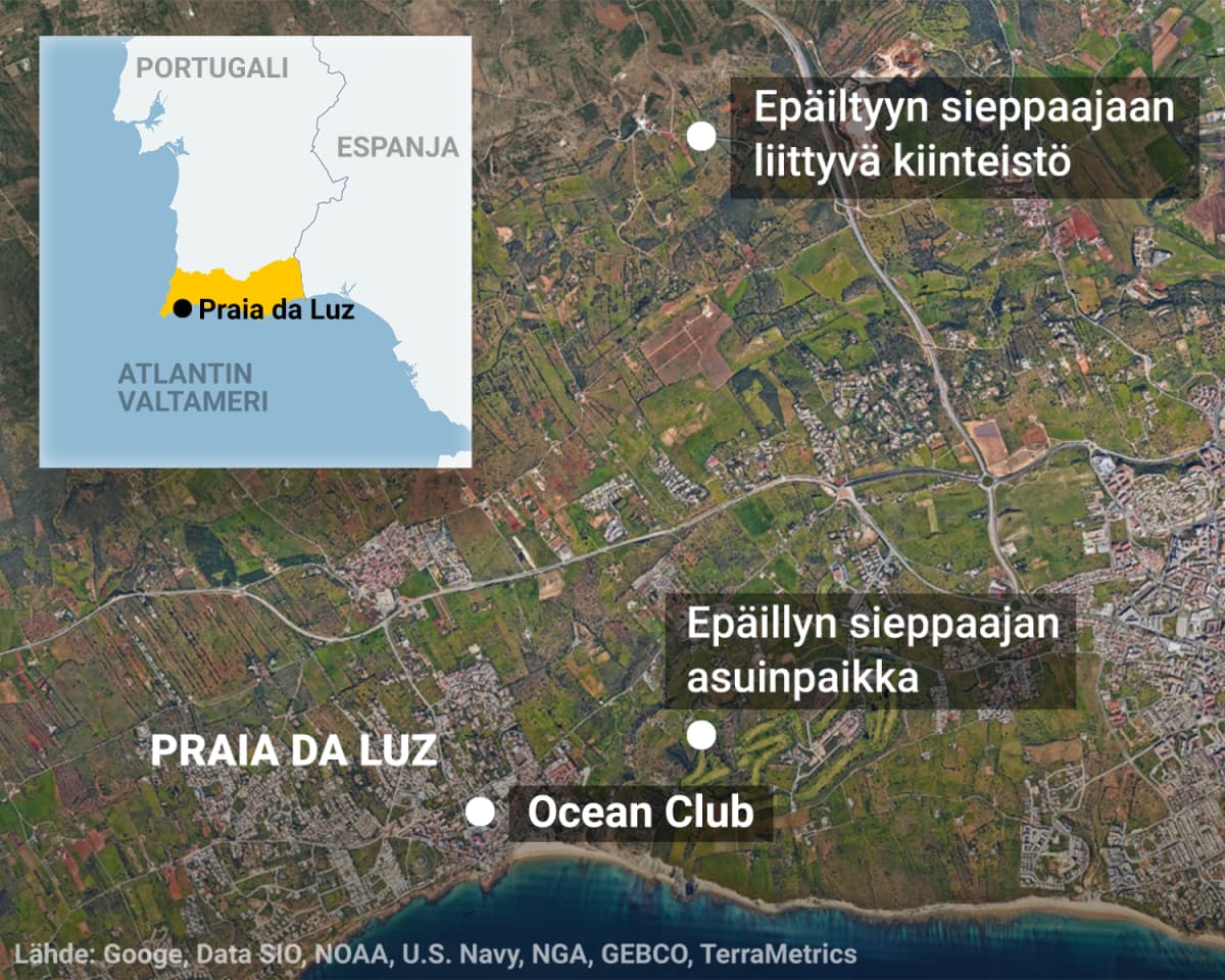 Kartta Praia da Luzin kylästä ja sen lähiympäristöstä.