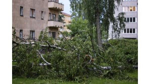 Kiira-rajuilma runteli kerrostalon pihaa Lauttasaaressa Helsingissä.