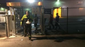Työntekijät lähtevät yövuorosta Pelloksen vaneritehtaiden portilla.