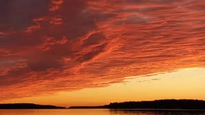 Oranssit pilvet järvimaiseman yllä.
