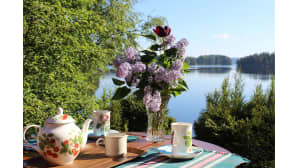 Teeastiat katettuna mökin kuistille.