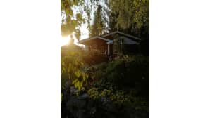 Saunamökki auringonnousussa puiden keskellä.