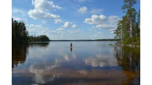 Kaukana ihminen kahlaa tyynessä vedessä kesäpäivänä