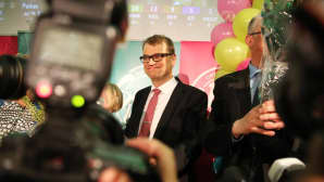 Juha Sipilä Keskustan vaalivalvojaisissa Helsingissä.