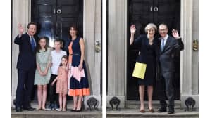 Kuvaparissa näkyy Downing Street 10. vanhat ja uudet asukaaat.