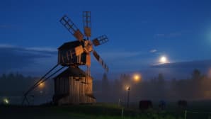 Puinen tuulimylly elokuun kuutamossa.