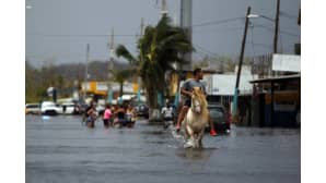 Mies ratsasti hevosella hurrikaani Marian turmelemassa San Juanissa Puerto Ricossa 22. syyskuuta.