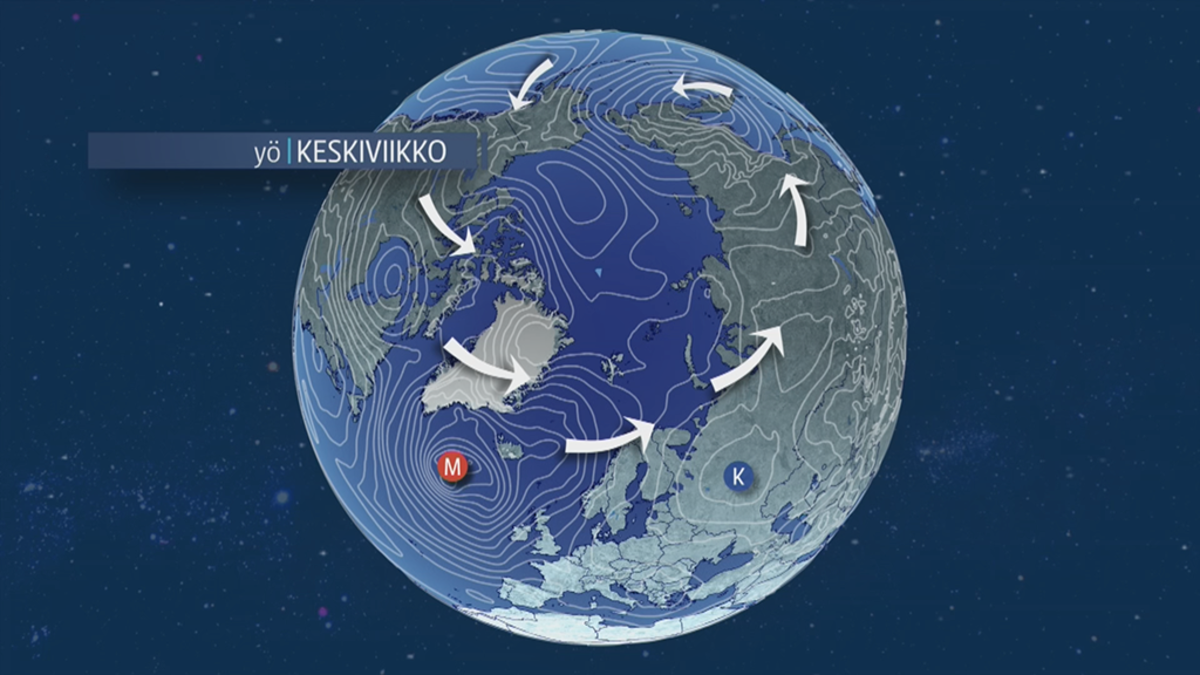 Kuva pohjoisen maapallon ilmavirroista keskiviikkoyönä.