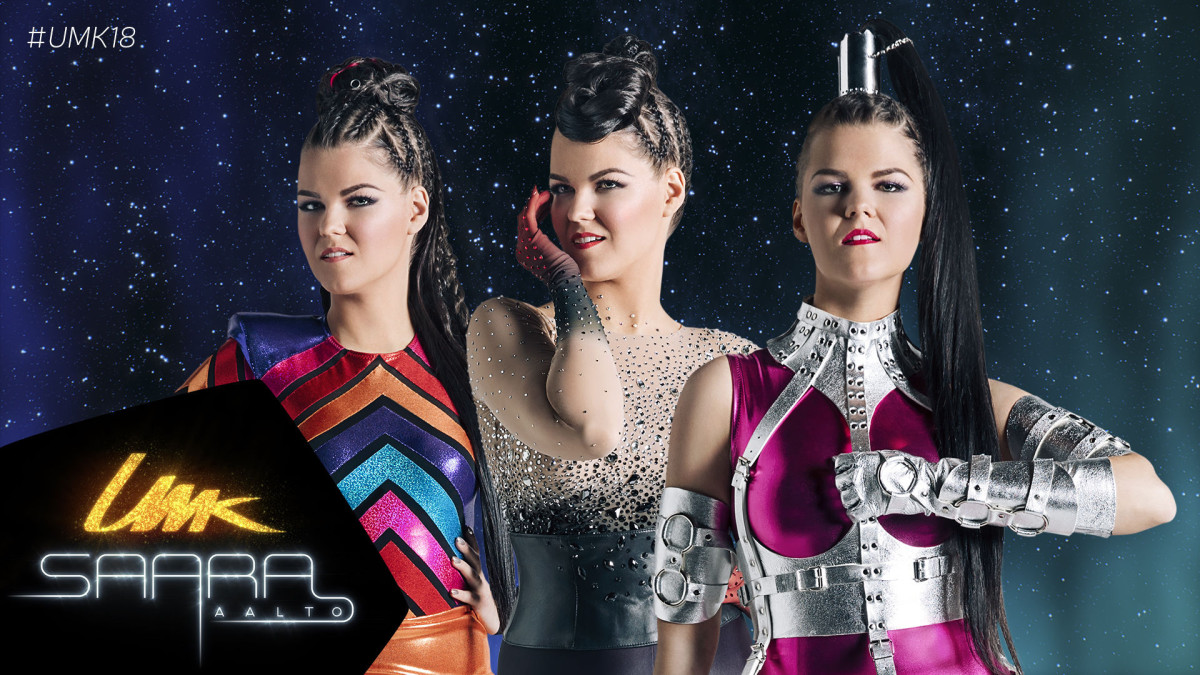 Saara Aalto UMK18-kilpailun kolmessa eri esiintymisasussa.