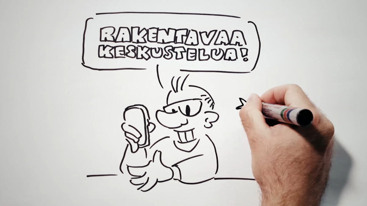 Piiroshahmo katsoo kännykkäänsä. Hahmon päällä on puhekupla, jossa lukee rakentavaa keskustelua.