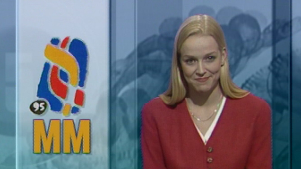 Anna Sorainen lukemassa Urheiluruutua 1995.