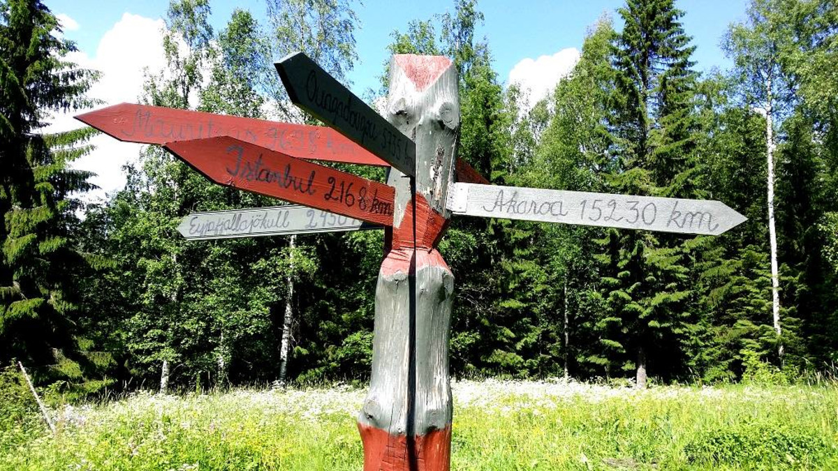 Kylttejä, jotka kertovat etäisyyksiä eri puolille maapalloa.