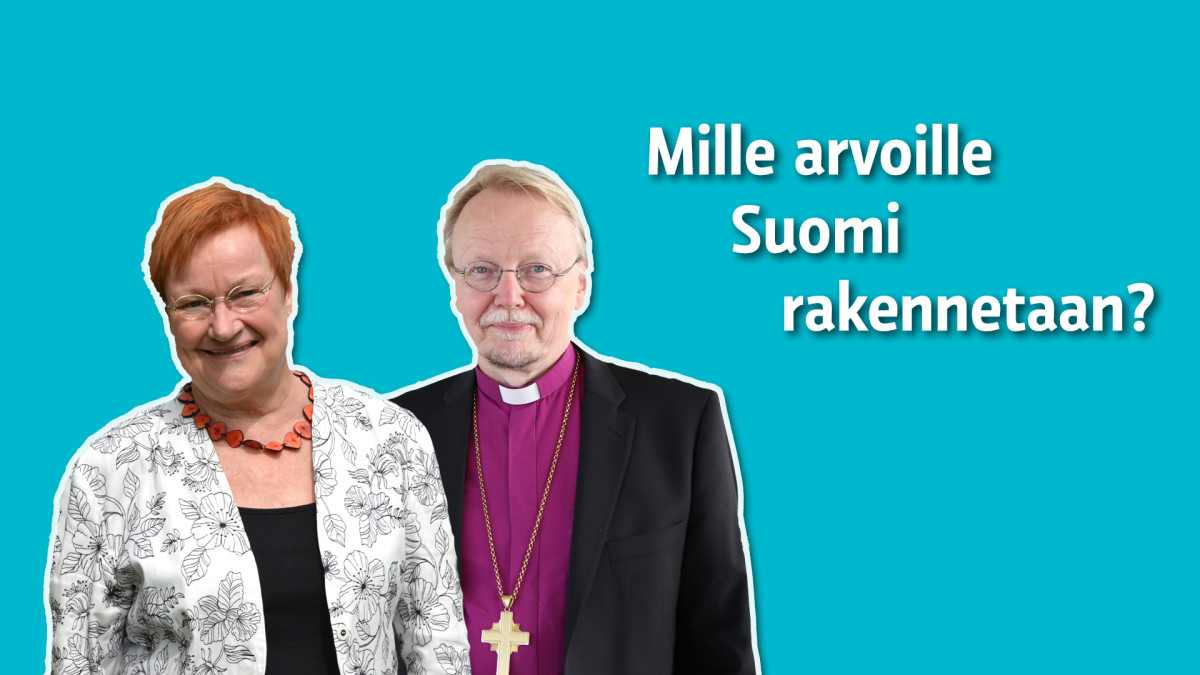 Grafiikka, jossa presidentti Tarja Halonen ja arkkipiispa Kari Mäkinen.