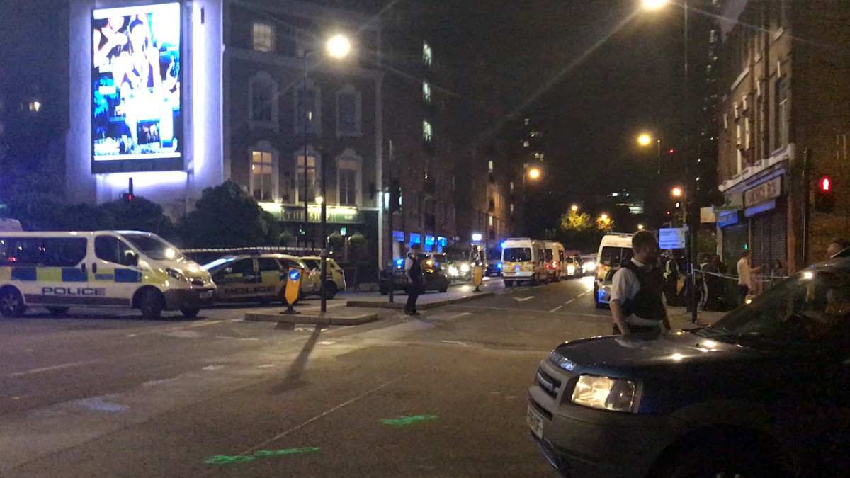 Still from video showing police securing an area near London Bridge after reports of casualties when a van hit pedestrians on the bridge in central London, Britain, 03 June 2017