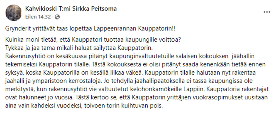 Kuvakaappaus Facebook-päivityksestä.