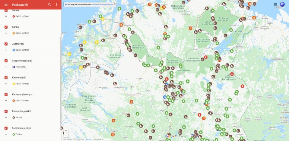 Puskaparkkitoimintaan soveltuvia paikkoja kartalla
