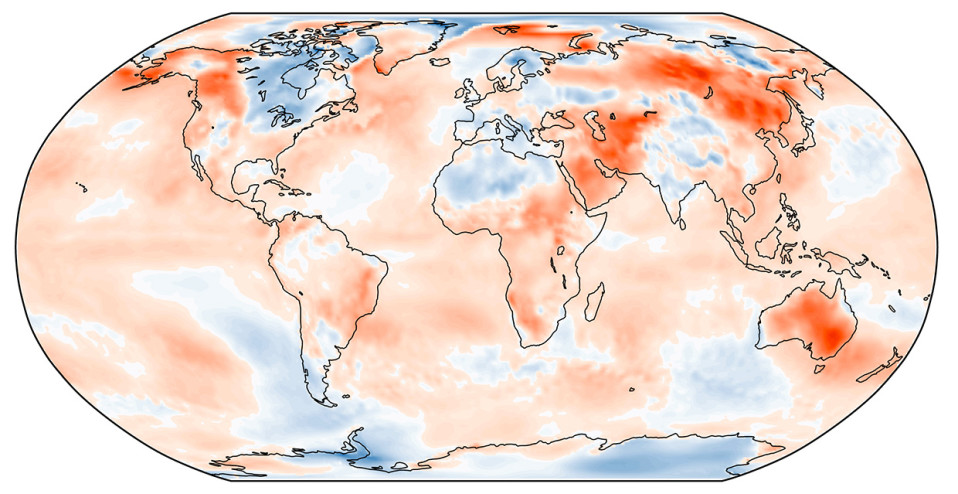 Helmikuun 2019 lämpötilan poikkeama jakson 1981-2010 keskiarvosta. Lähde: C3S, ECMWF