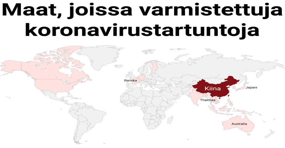 Levinneisyyskartta. Kiinassa epidemia, muualla yksittäisiä tapauksia.