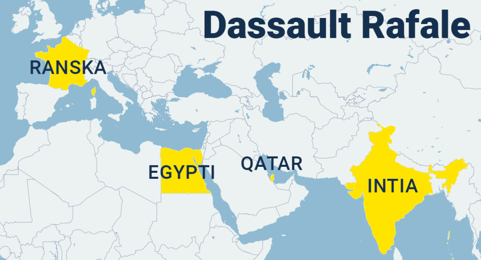 Ranska, Egypti, Qatar ja Intia merkittynä kartalle.