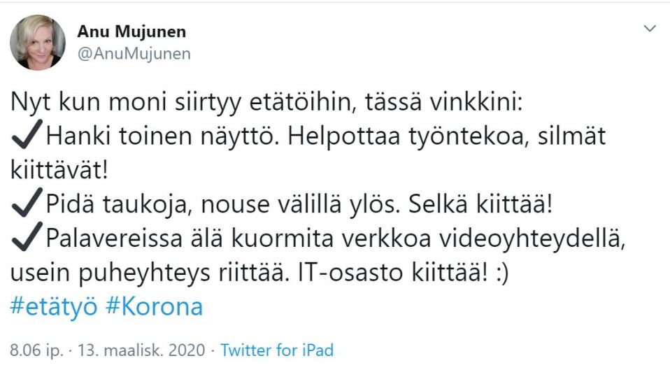 Anu Mujusen twiitti etätyöstä