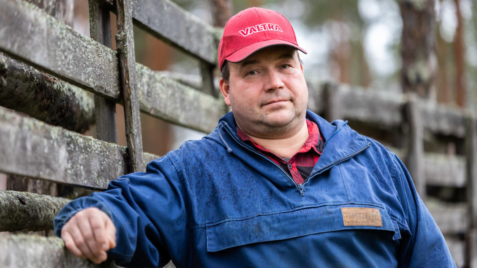 Poroisäntä Ari Kustula nojaa poroaitaan